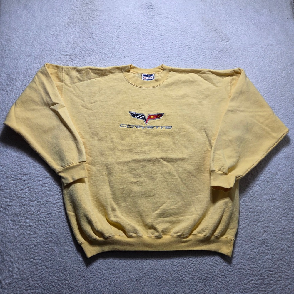 Vintage 90s Hanes Corvette Sweatshirt Mens XXL Yellow Embroidered Car Racing 80s